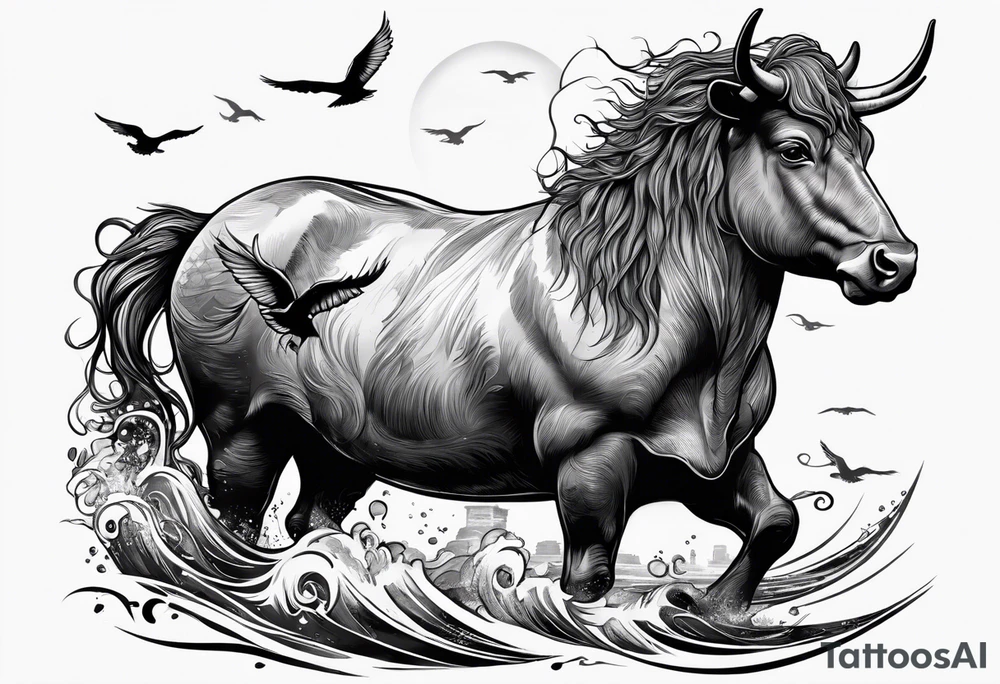 Nessie is being ridden like a horse by a highland cow tattoo idea
