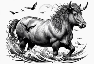 Nessie is being ridden like a horse by a highland cow tattoo idea