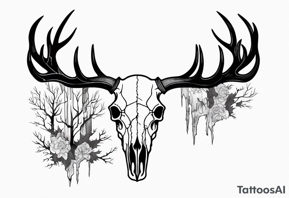 Halloween side view of a DECAYING deer skull JUST BONE surrounded by a forest fire in background tattoo idea