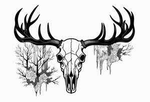 Halloween side view of a DECAYING deer skull JUST BONE surrounded by a forest fire in background tattoo idea