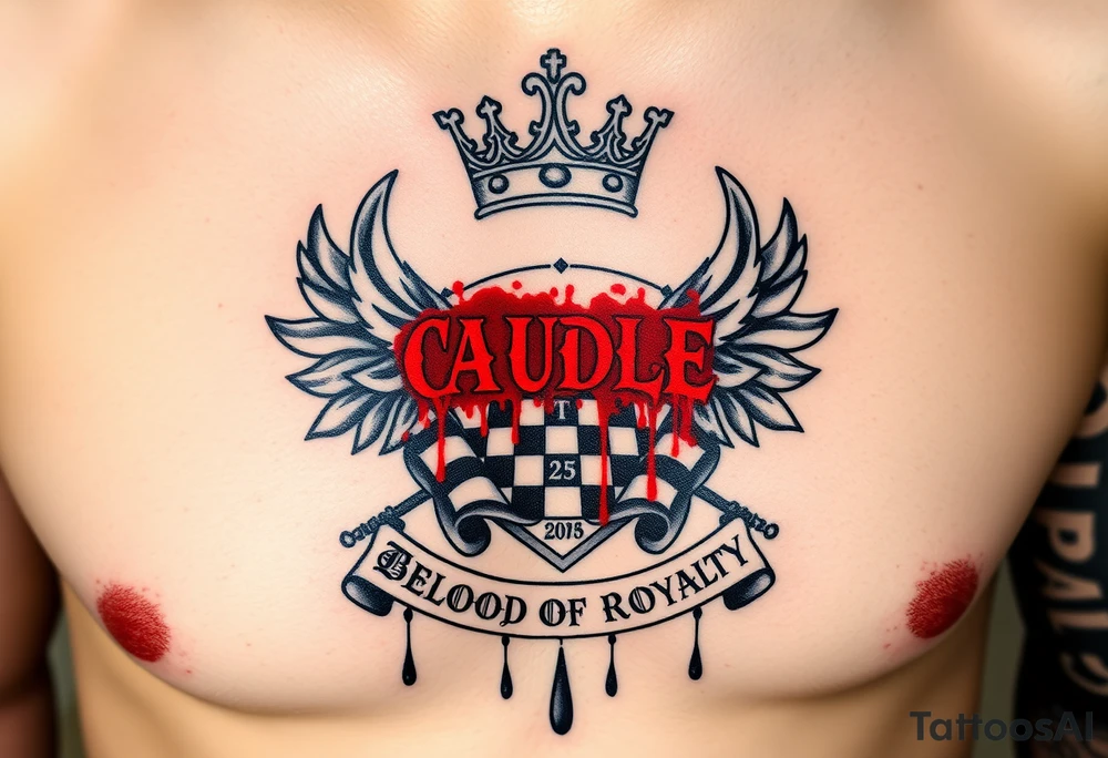 Men Doom Crest  with A Giant King Crown, CAUDLE written inside red, a chessboard, blood splatter on top of two  racing flags & OTF inside, The Words The Blood Of Royalty in red underneath the crest & 🌍 symbol in red outside of the crest, And raining blood drops, Jets/Airplanes/Helicopters/explosives tattoo idea