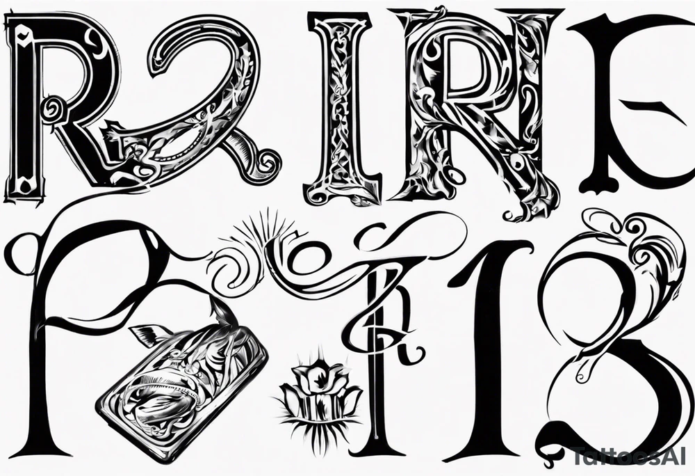 Letter R with date 09.01.23 and time 10:39AM tattoo idea