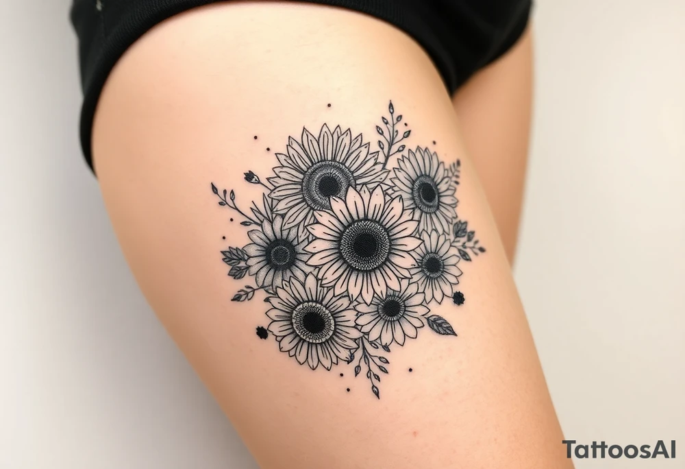 Bouquet of sunflowers, water Lillies, dahlias, marigolds, carnations, hydrangeas, daisys, and chrysanthemums tattoo idea