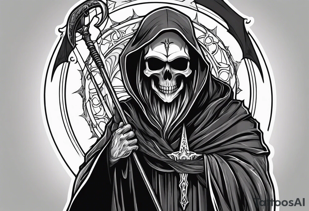 full body grim reaper with his hood off and a halo above his head tattoo idea