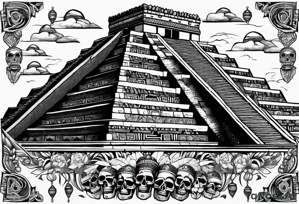 Aztec pyramids and wall of skulls sleeve incorporate factual items found in Teotihuacan tattoo idea