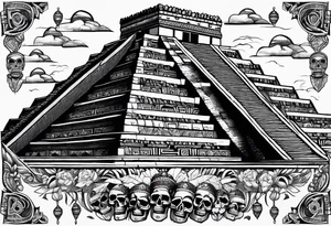 Aztec pyramids and wall of skulls sleeve incorporate factual items found in Teotihuacan tattoo idea