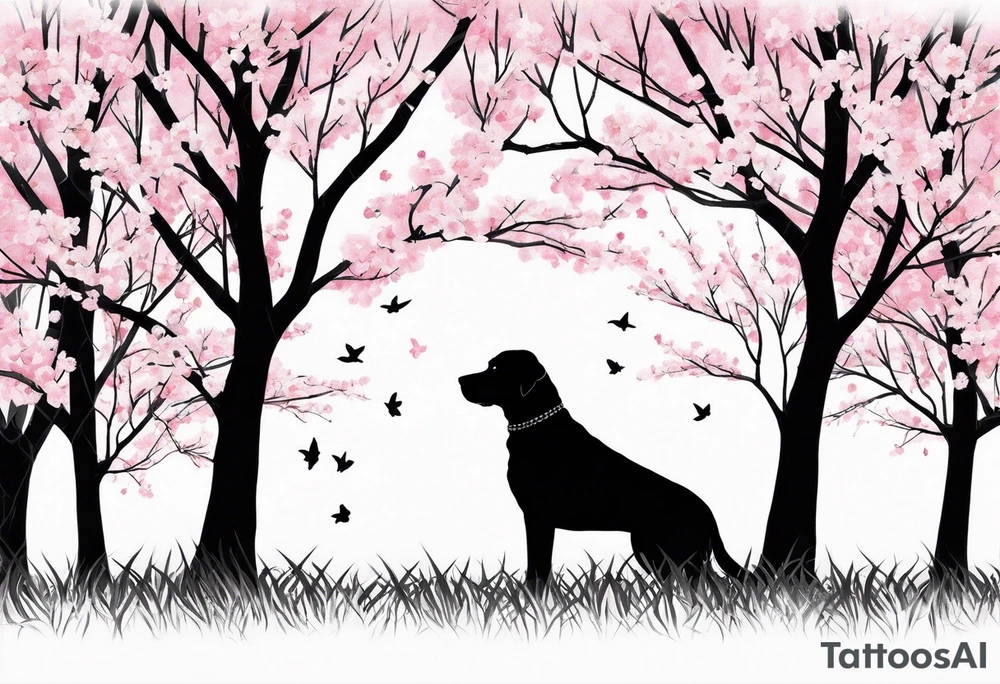 Silouette of a black lab sitting under a cherry blossom tree. Wrist size tattoo idea