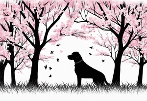 Silouette of a black lab sitting under a cherry blossom tree. Wrist size tattoo idea