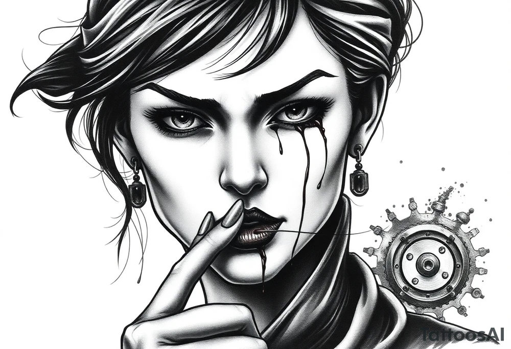 Black and grey realism tattoo design of a beautiful woman's face. Both her eyes wide shit closed  (see no evil), her left index finger is at her lips (speak no evil). Her ears are dripping blood that is steaming down her neck and cheek. Make the ears noticeablly bleed The style is black and grey realism, hyper-realistic, dark, and evil. Incorporate ninja gear elements and mechanical details (gears) subtly into the background or clothing for a gear ninja evil look. Design for a full forearm sleeve placement tattoo idea