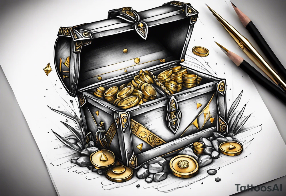 idea of adding Lucky stats to this tattoo. using 3 arrows to representing Luck, arrows stick on to a opened treasure box with gold and coins spreading everywhere. show SKINBUFF on the tattoo. tattoo idea