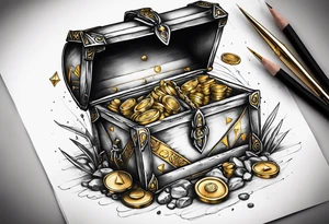 idea of adding Lucky stats to this tattoo. using 3 arrows to representing Luck, arrows stick on to a opened treasure box with gold and coins spreading everywhere. show SKINBUFF on the tattoo. tattoo idea