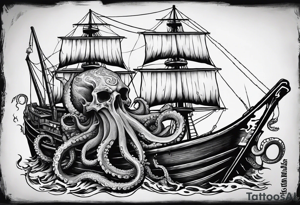 realistic and intricate depiction of the Kraken breaking a boat. Tentacles wrapping around the arm and interacting with a detailed skull.
"Dead men" text above the skull and "Tell no tales" below the skull. tattoo idea