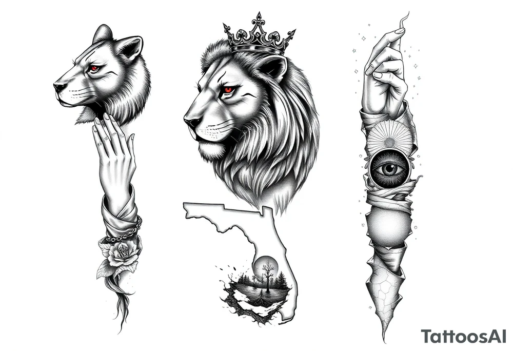 "Design a full arm sleeve tattoo for a man. The top of the arm should feature a realistic lion head with glowing red eyes and a crown, symbolizing strength and protection. On the inner bicep, include a tribute to grandparents with a pair of praying hands (one male, one female), a rosary, and angel wings behind them. On the outer forearm, include an outline of Florida, filled with a Central Florida sunrise, orange tree roots, and a hidden gator eye-something unique and detailed. On the inner forearm, design a stylized Aquarius theme with the Aquarius water bearer pouring cosmic water into a galaxy or stars. Blend all areas together with smoke, waves, and cracked textures for a cohesive, masculine flow. Include area code '863' subtly somewhere in the Florida section." tattoo idea