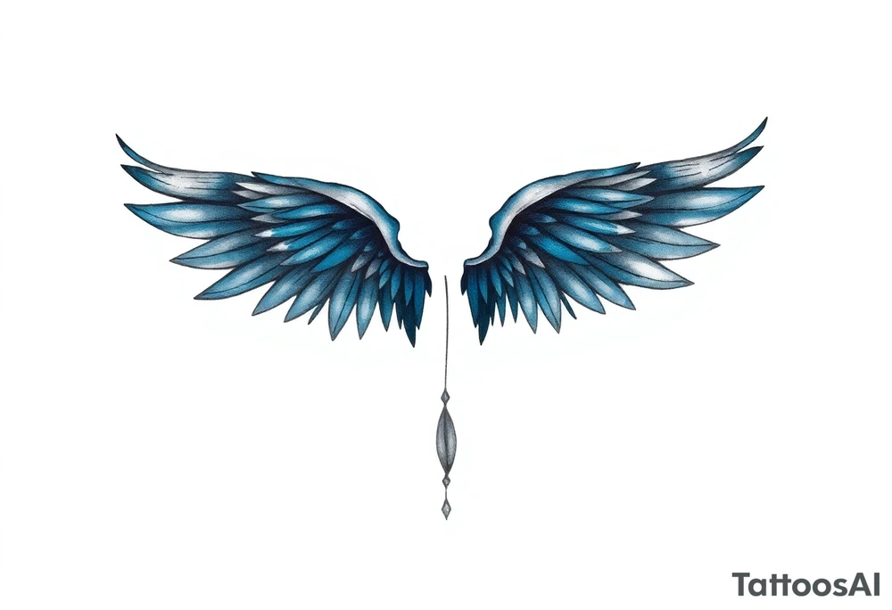 A minimalist wings tattoo that represents a shattered and betrayed gemini woman who fought hard throughout this year. With colors blue and black. Make it unique and rare. Without leaves and stem. tattoo idea