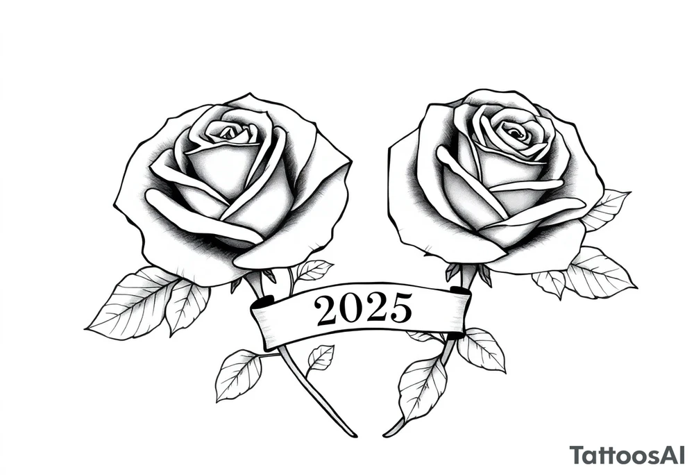 two beautiful large rose buds, one larger than the other, with lots and lots of leaves next to the rose buds, with one sitting slightly higher than the other, side-by-side.  Include a banner connecting the two roses with the year 2025 on it.   Use dark outlines with little shading. No stems tattoo idea