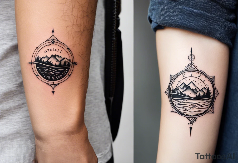 A half sleeve tattoo that features the quote **"Not all who wander are lost"** in elegant script on the outer forearm. Surrounding it are a compass rose and flowing elements like mountains, waves, and trees, symbolizing adventure and nature. Small travel icons like a plane and backpack are interspersed, enhancing the theme of exploration. The design uses a dynamic look that wraps naturally around your forearm. tattoo idea