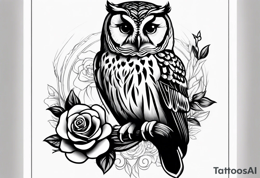 Barred owl with a single rose tattoo idea