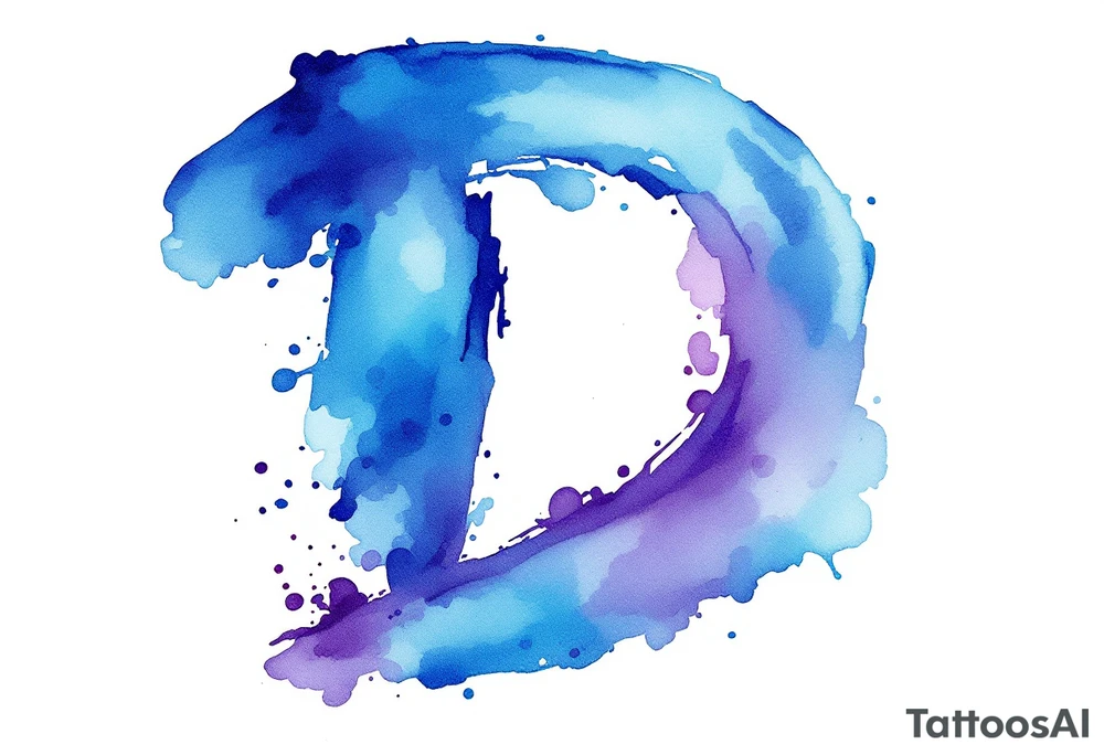 Watercolor Brushstroke D – A bold, free-flowing D painted with vibrant blue and purple watercolor splashes fading outward. tattoo idea