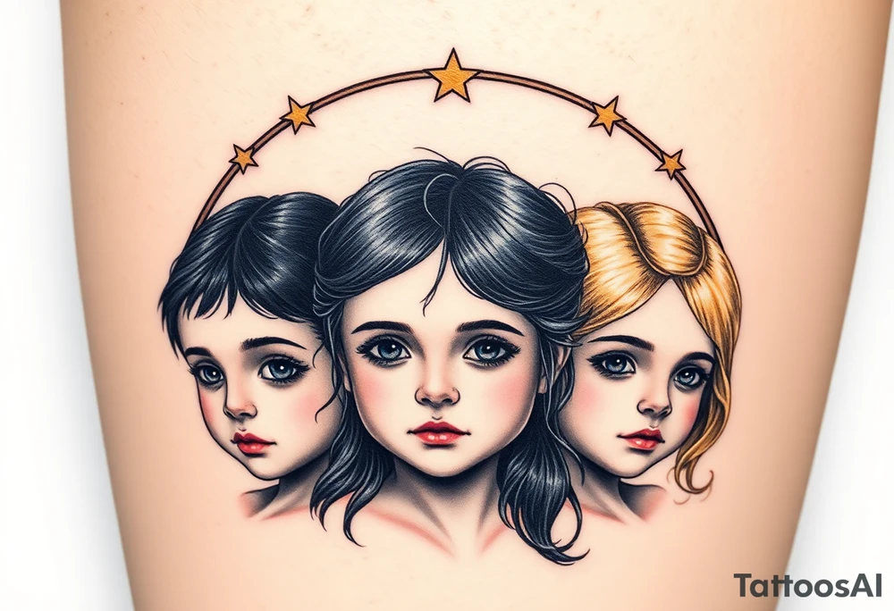 3 petites filles ( une cheveux noir et deux blondes)
sous un arc en ciel incomplet tattoo idea