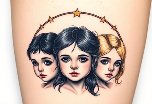 3 petites filles ( une cheveux noir et deux blondes)
sous un arc en ciel incomplet tattoo idea