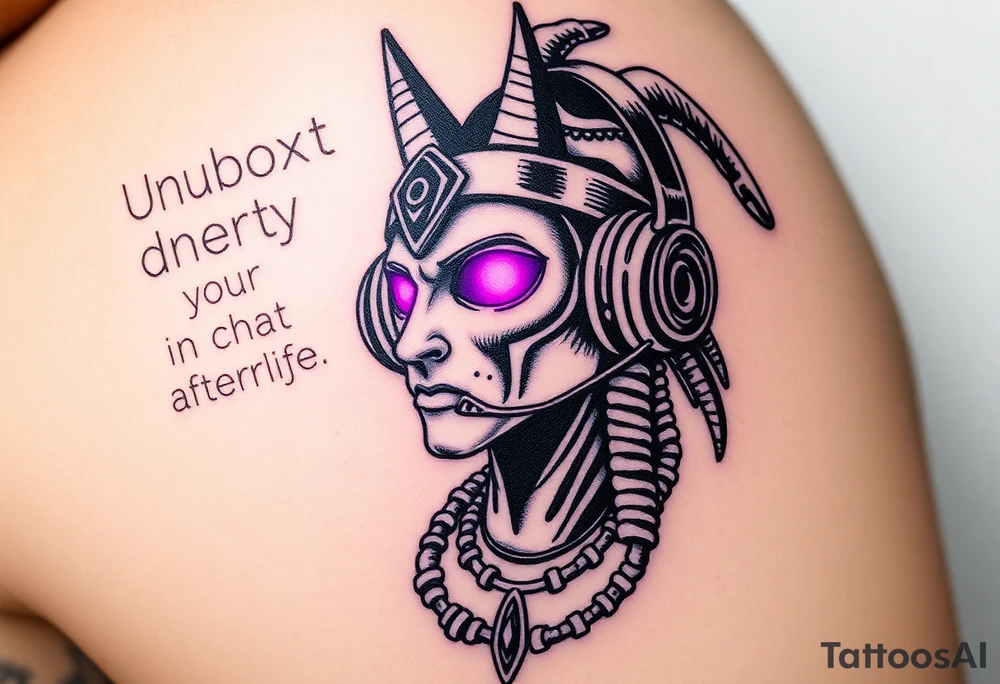 "Anubis with streamer headset, broadcasting to:  
- Left eye: Twitch chat ('F in chat for humanity')  
- Right eye: Дзен-просветление (ASCII-арт мандалы)  
Title: *'Unboxing your afterlife (4K 60fps)'*.  

Style: Digital trash art. Purple/black. Thigh." tattoo idea