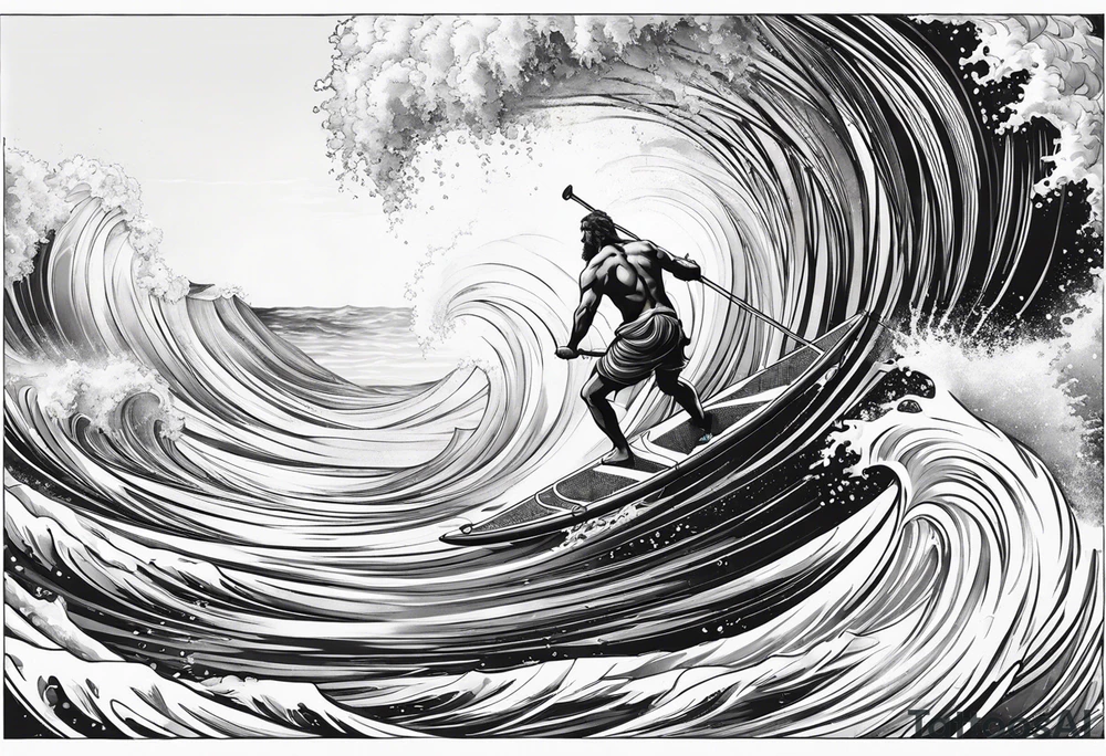 Poseidon im Vordergrund mit Windsurfer und Wellen im Hintergrund tattoo idea
