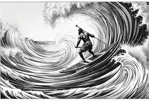 Poseidon im Vordergrund mit Windsurfer und Wellen im Hintergrund tattoo idea
