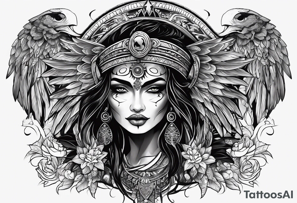 black kali, goddess pirate, alien, pachamama, valkrye, warrior, skull, lotus azul, wing, eagle, zenza resonance, stars, 5D tattoo idea