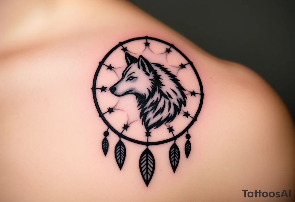 A wolf’s silhouette within a dreamcatcher, with stars scattered across the background. The wolf is shaded in black and gray. tattoo idea