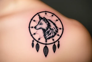 A wolf’s silhouette within a dreamcatcher, with stars scattered across the background. The wolf is shaded in black and gray. tattoo idea