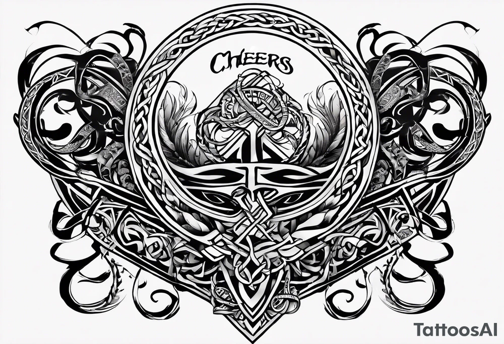 Cheers Mate text, armband +Celtic +Cancer Ribbon +tribal +artistic tattoo idea