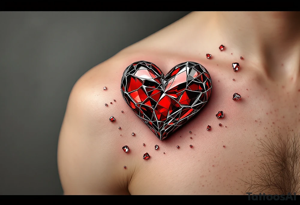 A shattered glass heart in deep red and silver, with tiny shards floating around, representing fragility and loss. tattoo idea