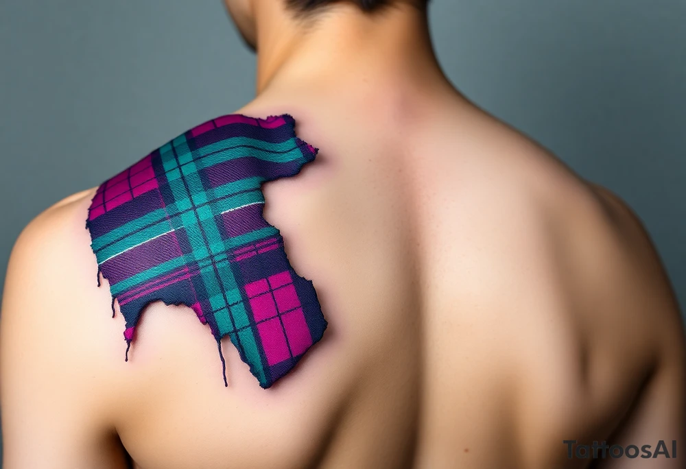 Dark Purple with green pink blue and white highlights tartan fabric with flesh peeling away at edges wrapping around shoulder tattoo idea