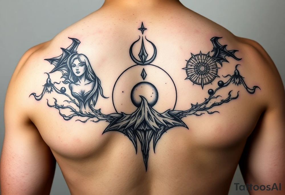 arm tattoo which is deep and meaninful very unique and psycheelic which is a combination of 5 elemets fire water air space and land tattoo idea