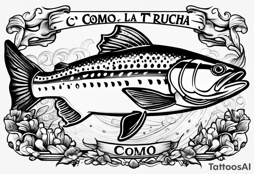 A shaded trout with text that says, 'Como la trucha...' tattoo idea