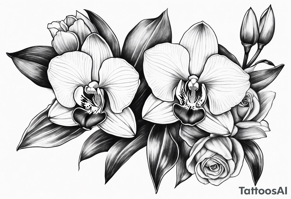 Cymbidium orchid with 2 roses tattoo idea