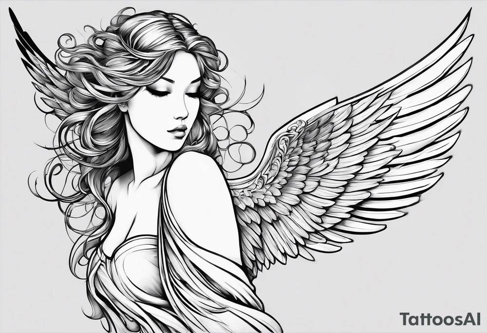 Angel right wing, side way with name Leah written in gothic letters. tattoo idea