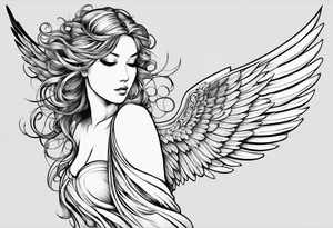 Angel right wing, side way with name Leah written in gothic letters. tattoo idea
