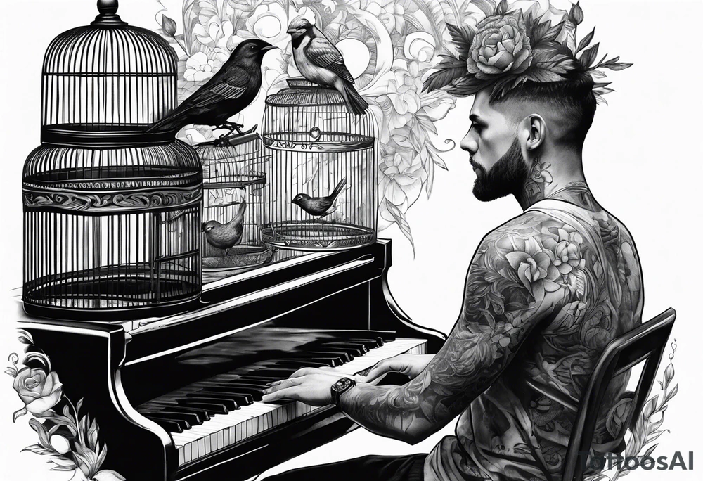 Man playing piano with a bird cage on his head tattoo idea