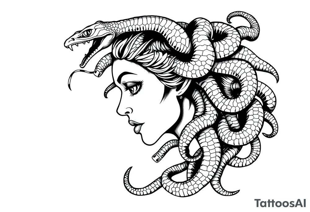 Side portrait of Medusa with snake heads tattoo idea