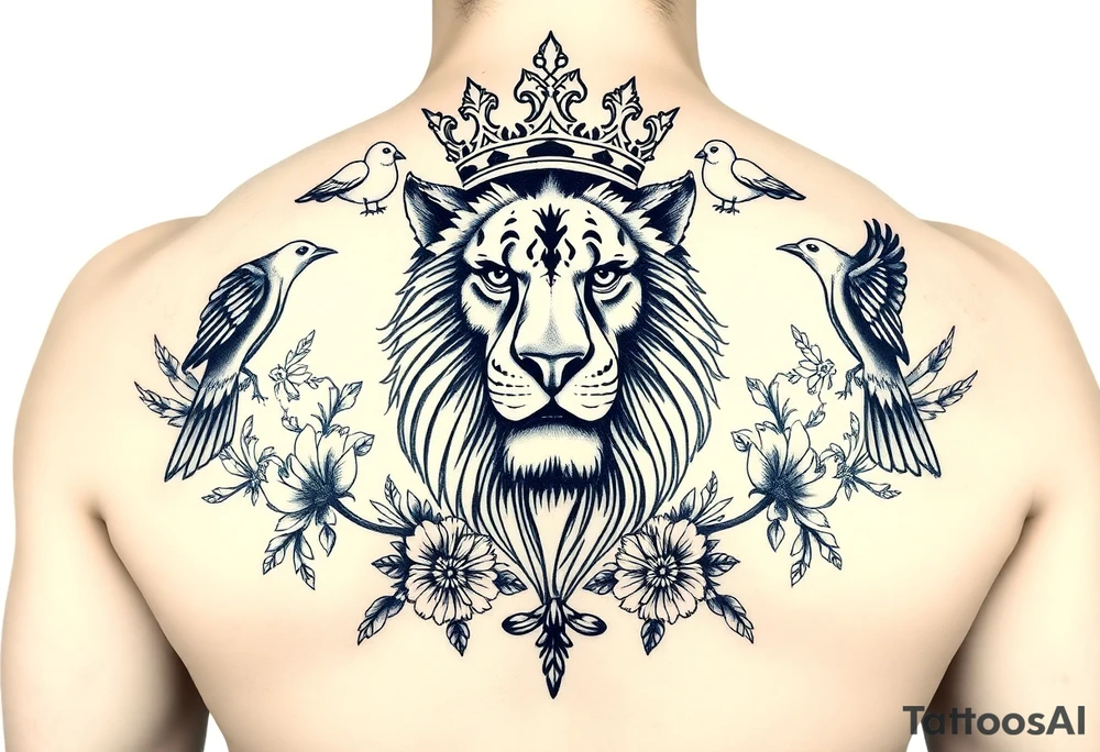 powerful majestic lion with a crown, surrounded by floral ornaments and birds tattoo idea