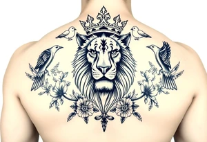powerful majestic lion with a crown, surrounded by floral ornaments and birds tattoo idea