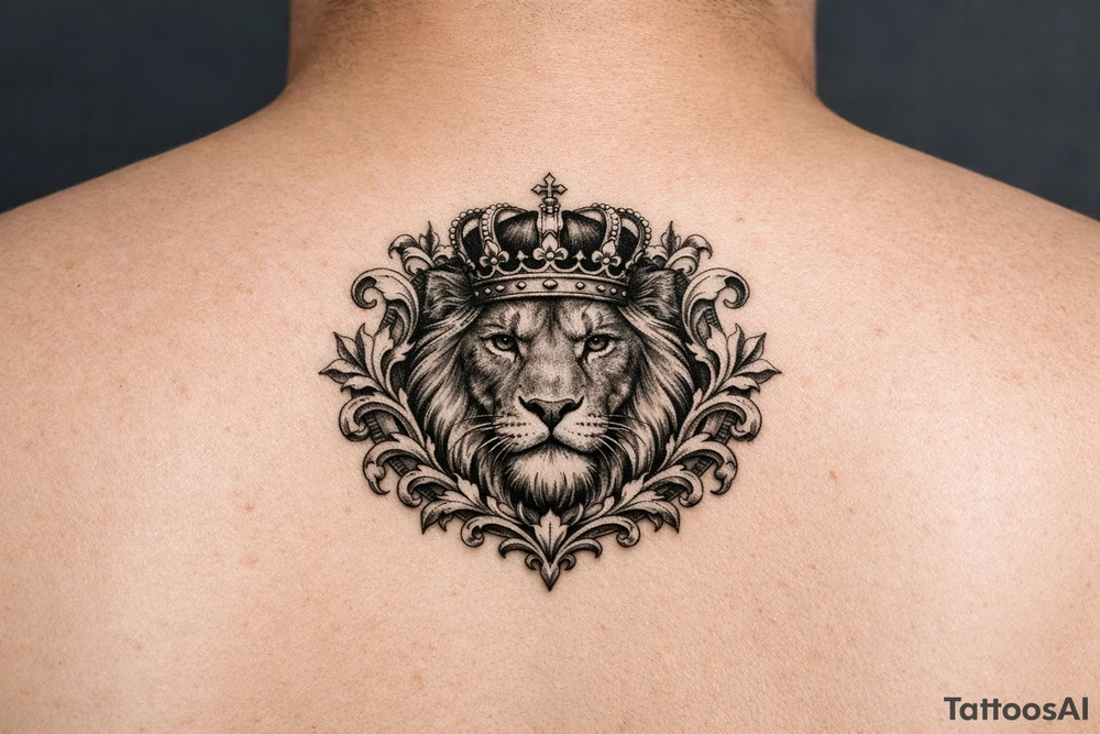 powerful majestic lion with a crown, framed by ornate floral scrollwork tattoo idea