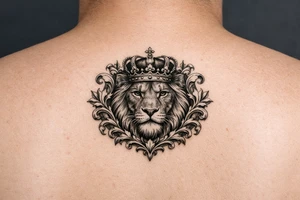 powerful majestic lion with a crown, framed by ornate floral scrollwork tattoo idea