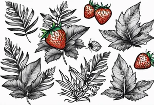 forest floor inspired realistic tattoo, which includes grass, curly ferns and dead leaves as the bulk of the tattoo. details to include: three very tiny strawberries, a tiny bumblebee flying nearby tattoo idea