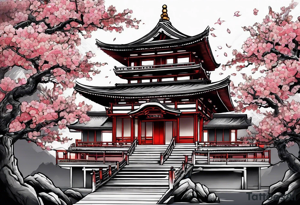 Japanese temple with cherry blossom and samurai tattoo idea