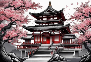 Japanese temple with cherry blossom and samurai tattoo idea