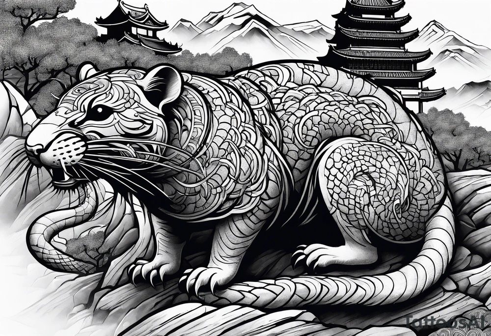 Rat behind Tiger and Snake on the great Wall of China with Temple tattoo idea