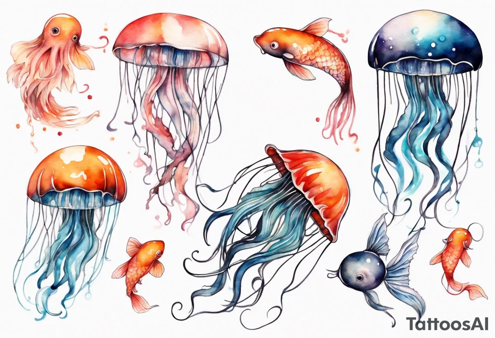 1 jellyfish with the moon in the lid. Then with mini koi carp and jellyfish swimming amongst the tentacles tattoo idea
