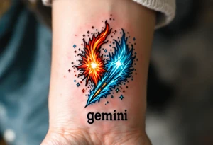 A twin comet design, one burning in fiery orange and the other glowing in icy blue, crashing into each other with word "gemini" underneath. tattoo idea